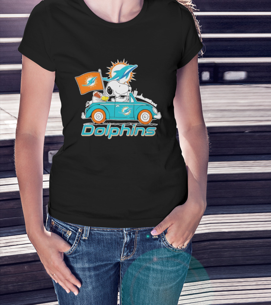 Miami Dolphins Snoopy Woodstock Driving With Flag And Logo T-Shirt