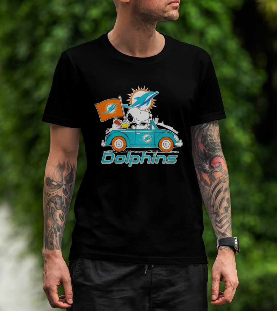 Miami Dolphins Snoopy Woodstock Driving With Flag And Logo T-Shirt
