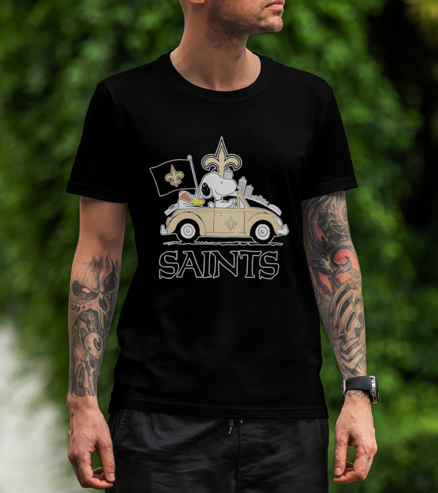 New Orleans Saints Snoopy Woodstock Car Driving Football Fan T-Shirt