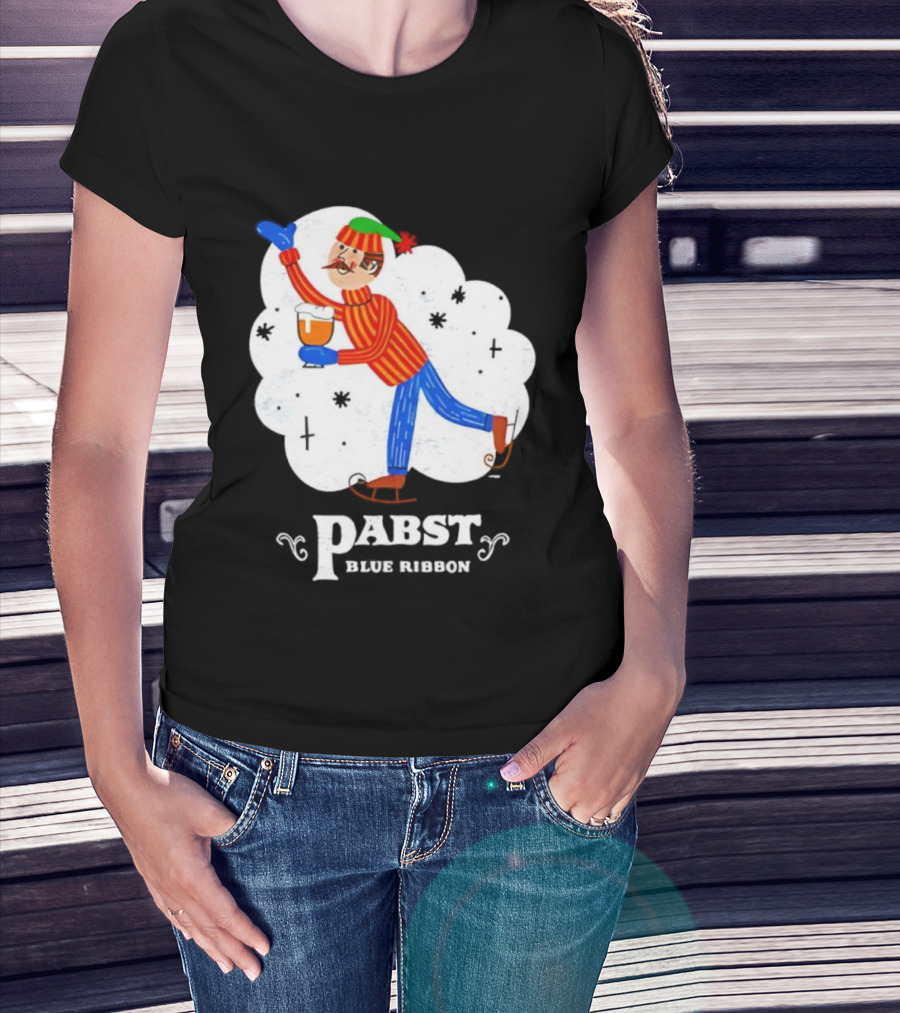 Pabst Blue Ribbon Vintage Holiday Ice Skating Elf T-Shirt
