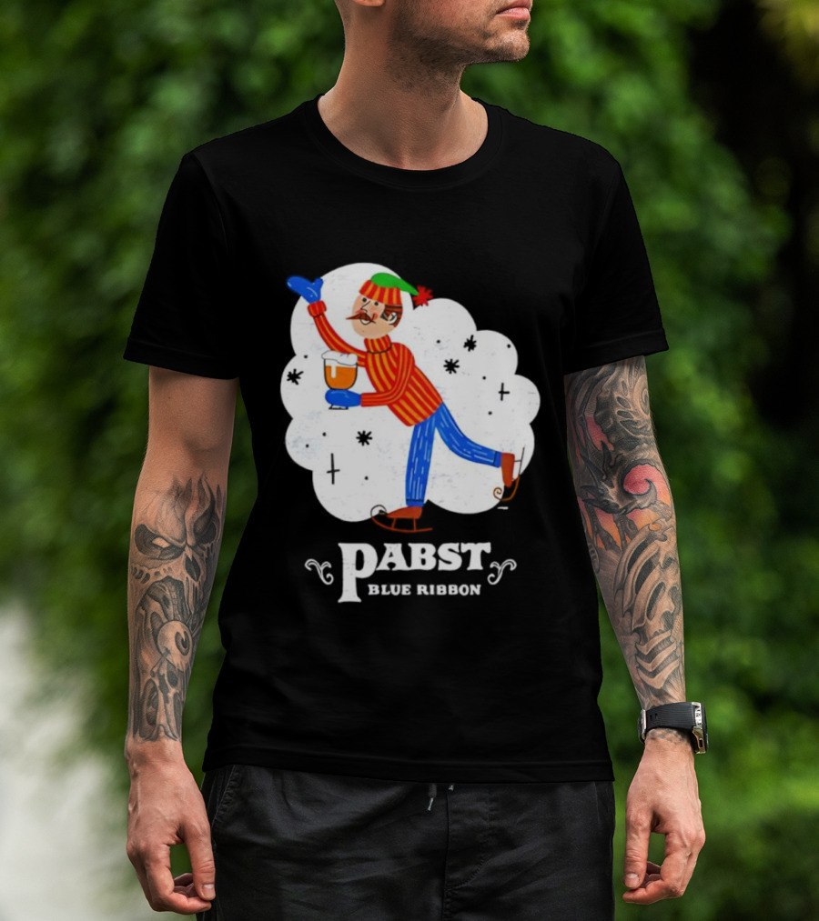 Pabst Blue Ribbon Vintage Holiday Ice Skating Elf T-Shirt