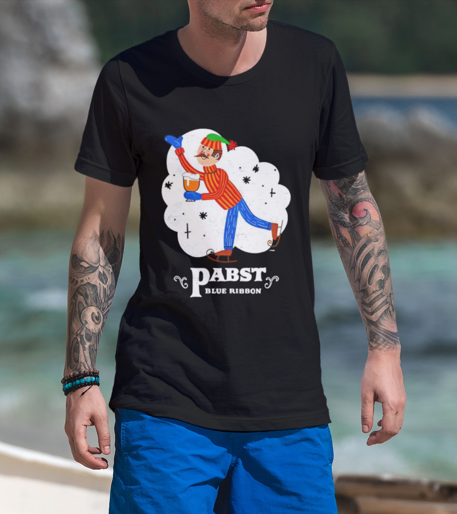 Pabst Blue Ribbon Vintage Holiday Ice Skating Elf T-Shirt