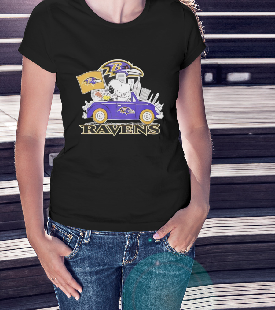 Snoopy Driving Baltimore Ravens Car Peanuts Collaboration With Flag And Raven Logo T-Shirt