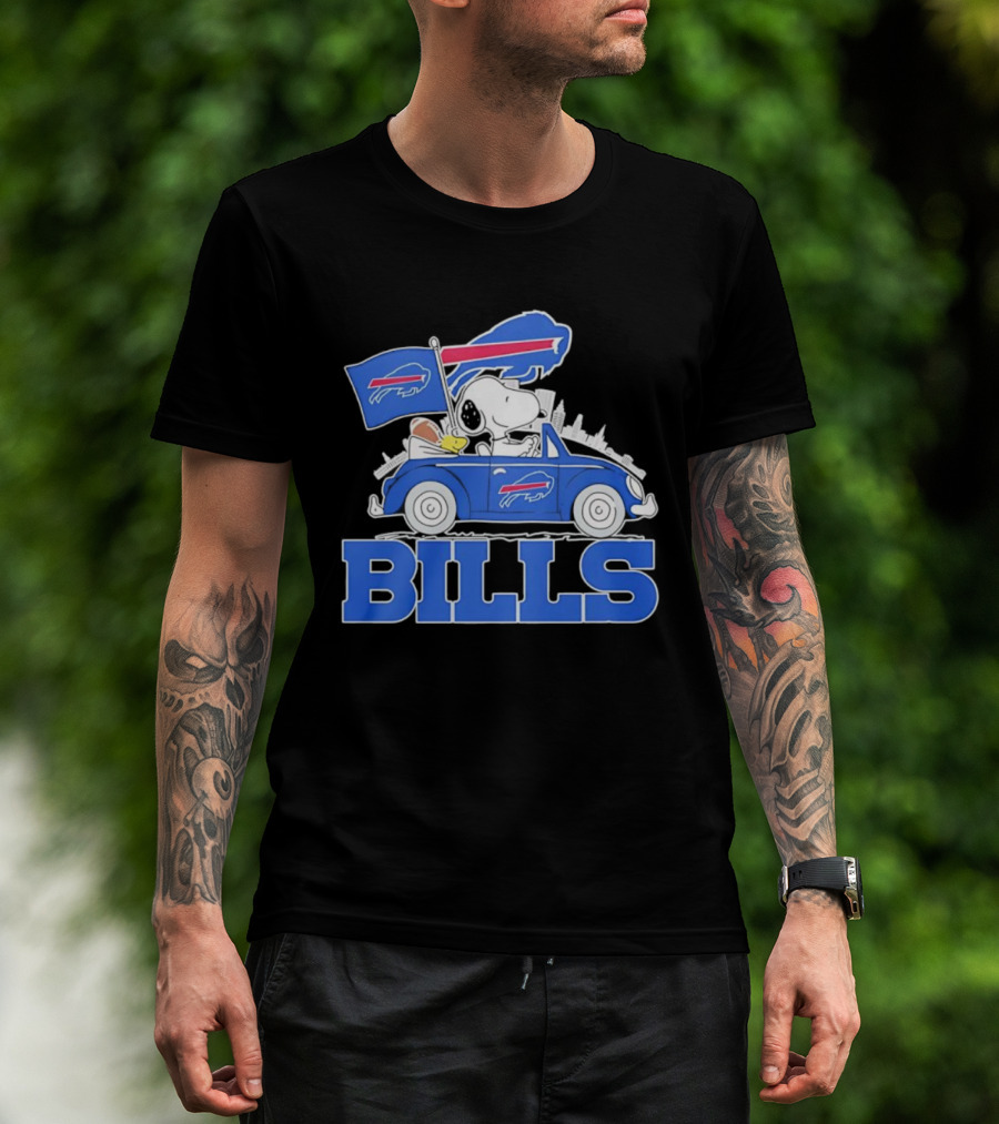 Peanuts Buffalo Bills Driving Car With Flag And Football T-Shirt
