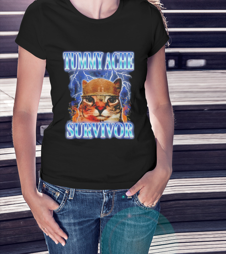 Tummy Ache Survivor Cat Meme Lightning Background T-Shirt