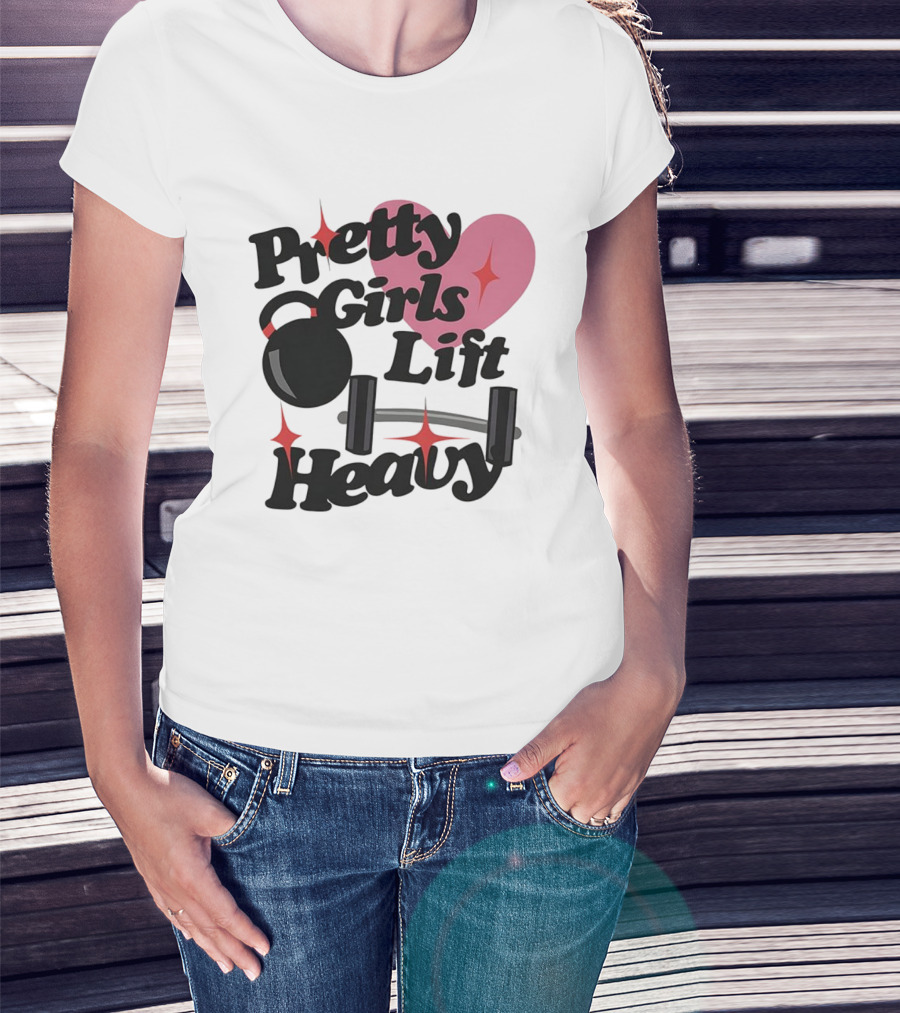 Pretty Girls Lift Heavy Dumbbells Pink Heart Gym Fitness T-Shirt