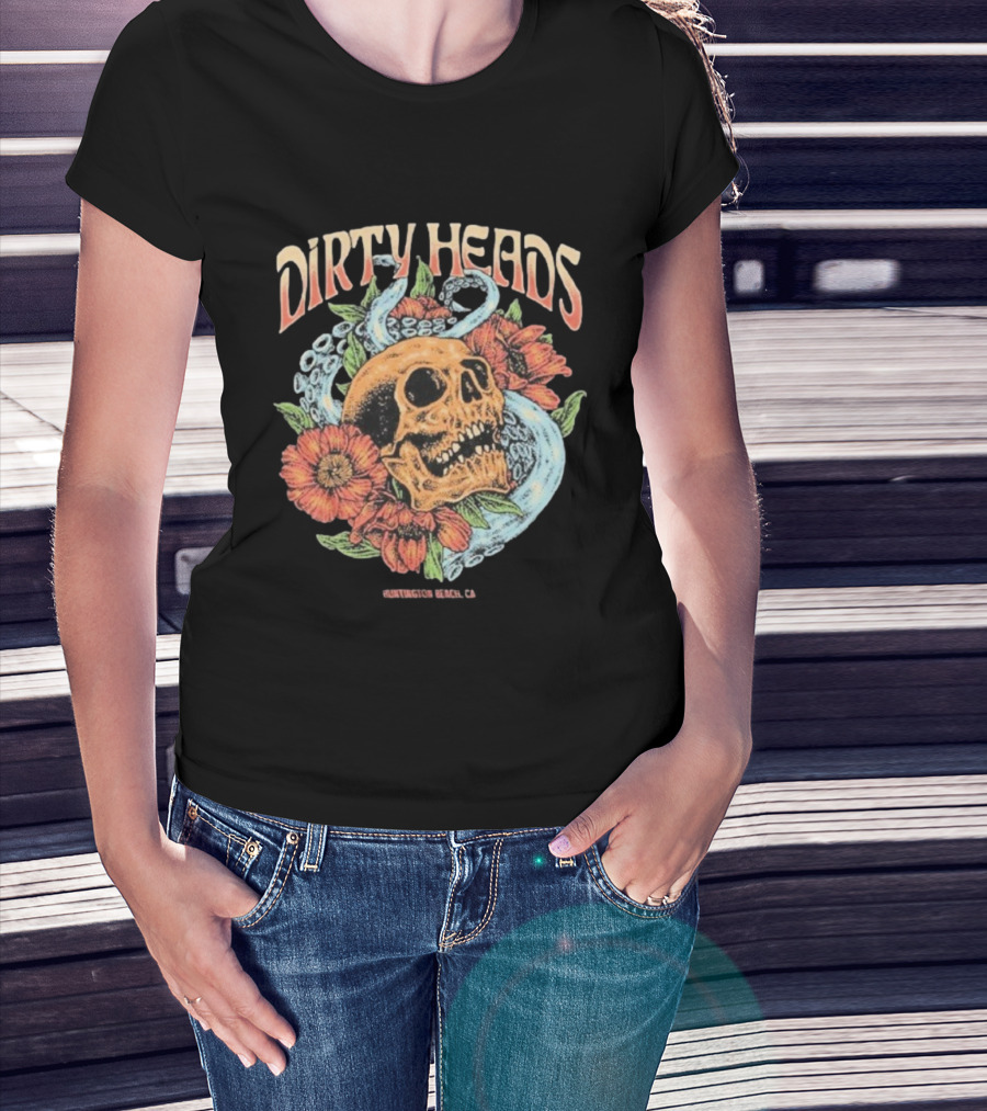 Dirty Heads Huntington Beach CA Skull Octopus Floral T-Shirt