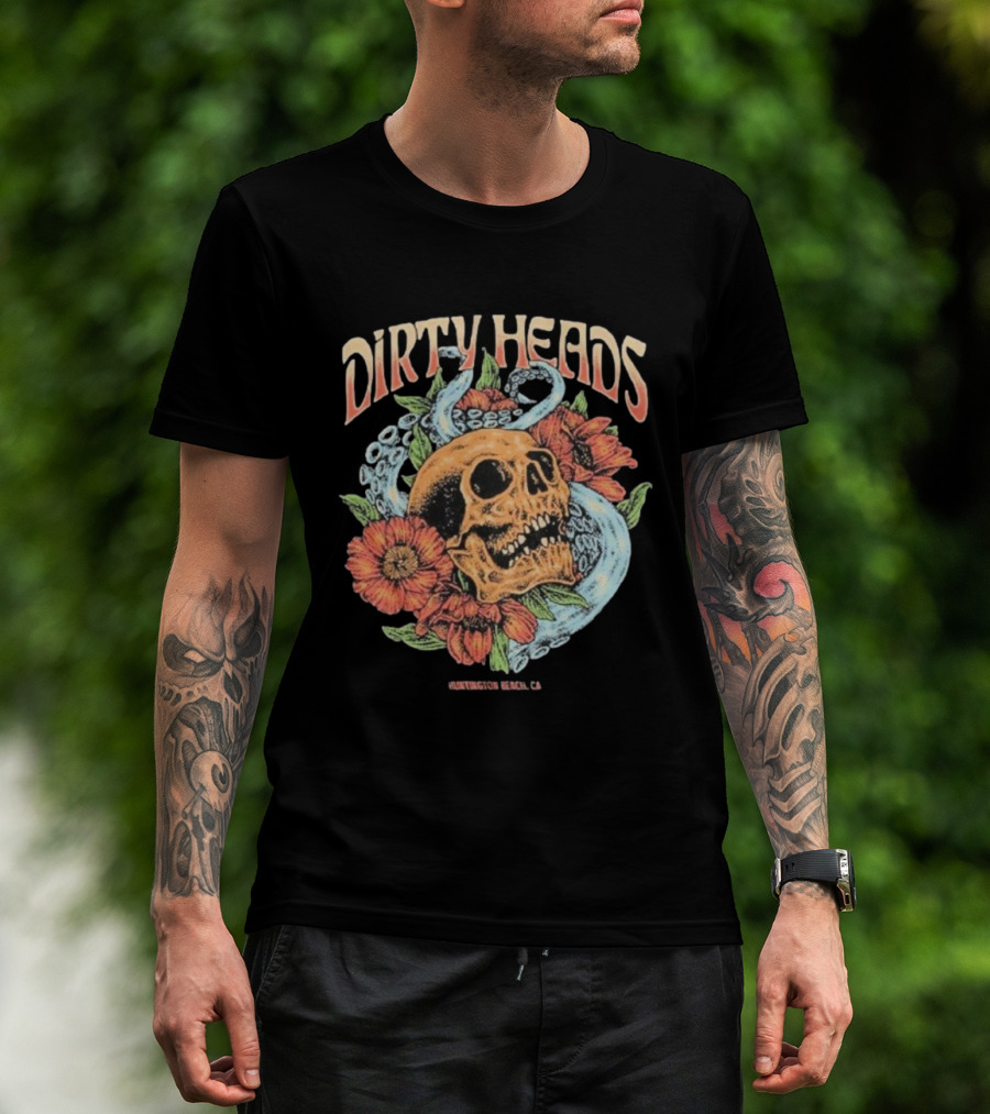 Dirty Heads Huntington Beach CA Skull Octopus Floral T-Shirt
