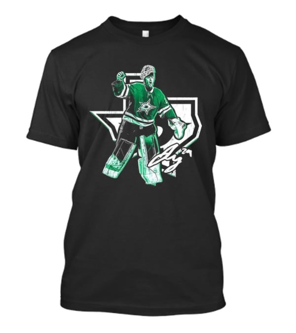 Jake Oettinger Dallas Stars NHL Texas Goalie Iconic Green White Gear T-Shirt