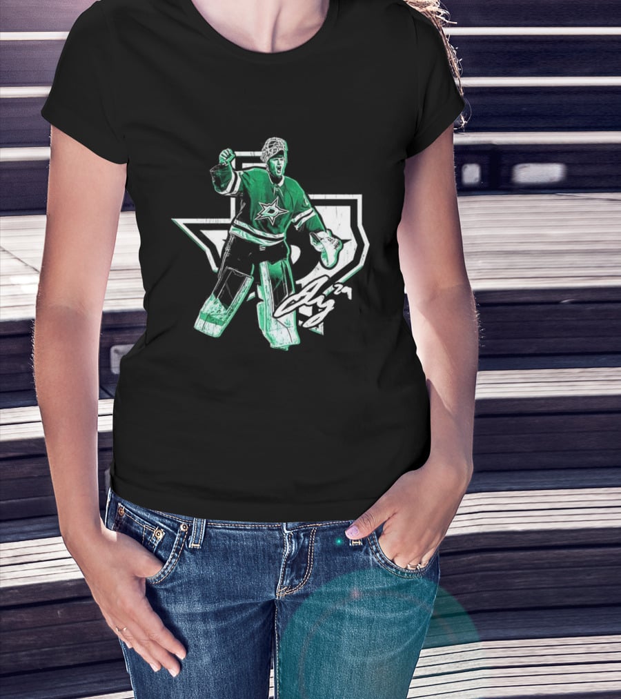Jake Oettinger Dallas Stars NHL Texas Goalie Iconic Green White Gear T-Shirt