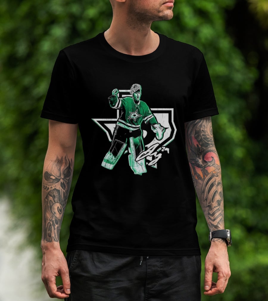 Jake Oettinger Dallas Stars NHL Texas Goalie Iconic Green White Gear T-Shirt