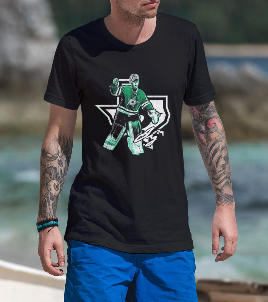 Jake Oettinger Dallas Stars NHL Texas Goalie Iconic Green White Gear T-Shirt