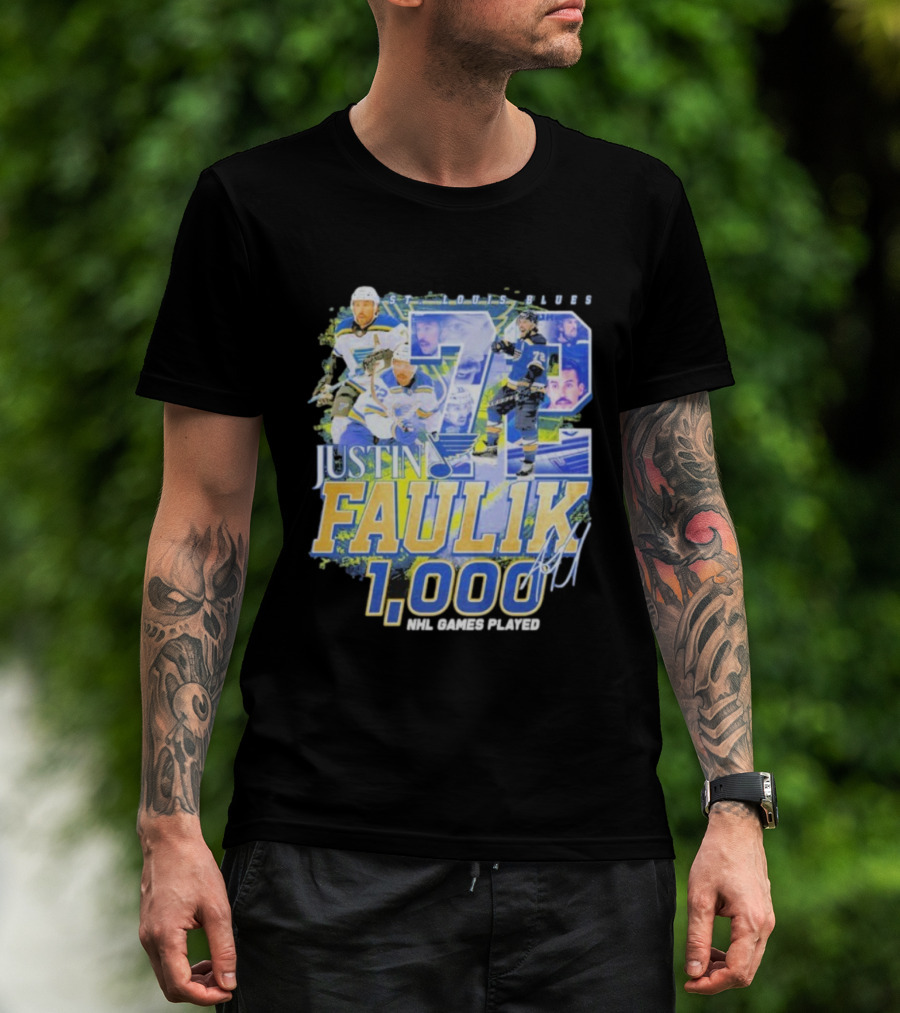 St. Louis Blues Justin Faulk 72 1000 NHL Games Played Signature T-Shirt