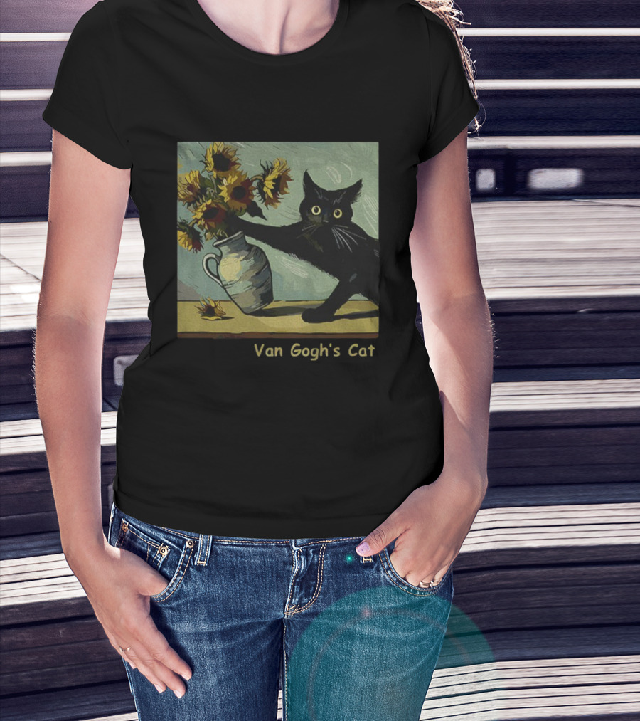 Van Gogh's Cat Sunflowers Funny Art Parody Cat Hugging Vase Painting T-Shirt