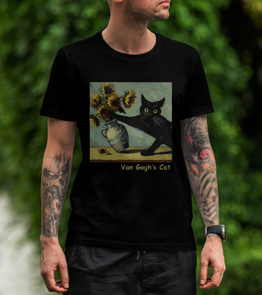 Van Gogh's Cat Sunflowers Funny Art Parody Cat Hugging Vase Painting T-Shirt