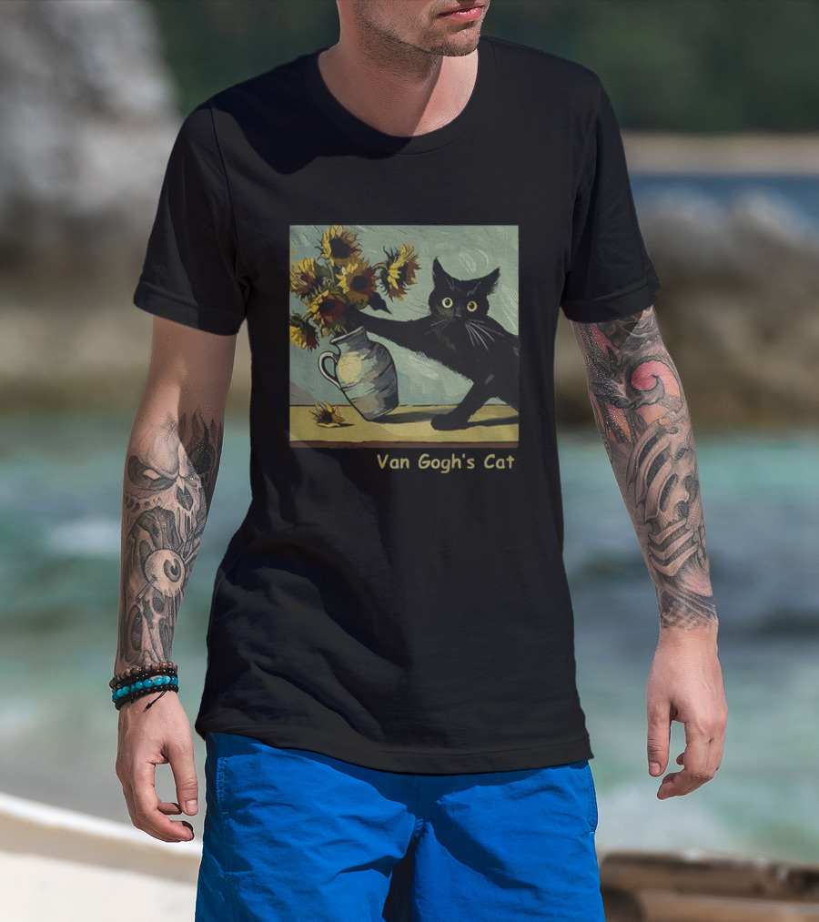 Van Gogh's Cat Sunflowers Funny Art Parody Cat Hugging Vase Painting T-Shirt