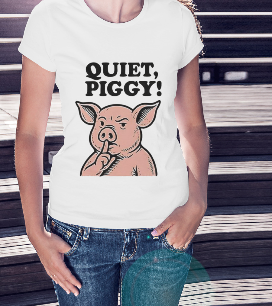 Quiet Piggy Satirical Trump Shushing Pig Illustration T-Shirt