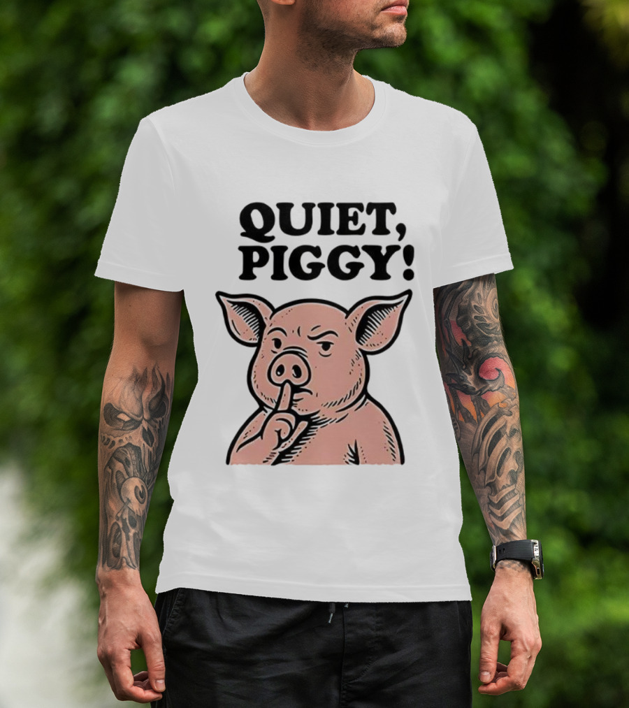 Quiet Piggy Satirical Trump Shushing Pig Illustration T-Shirt