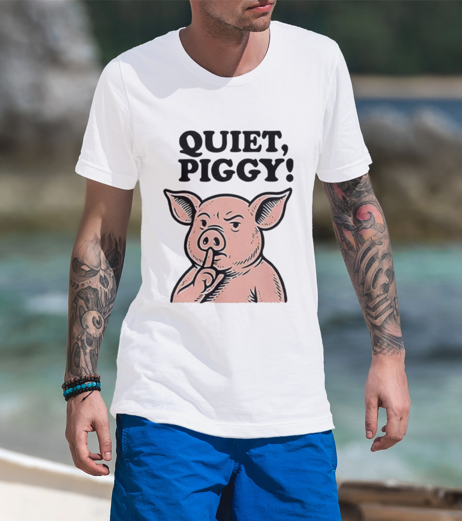 Quiet Piggy Satirical Trump Shushing Pig Illustration T-Shirt