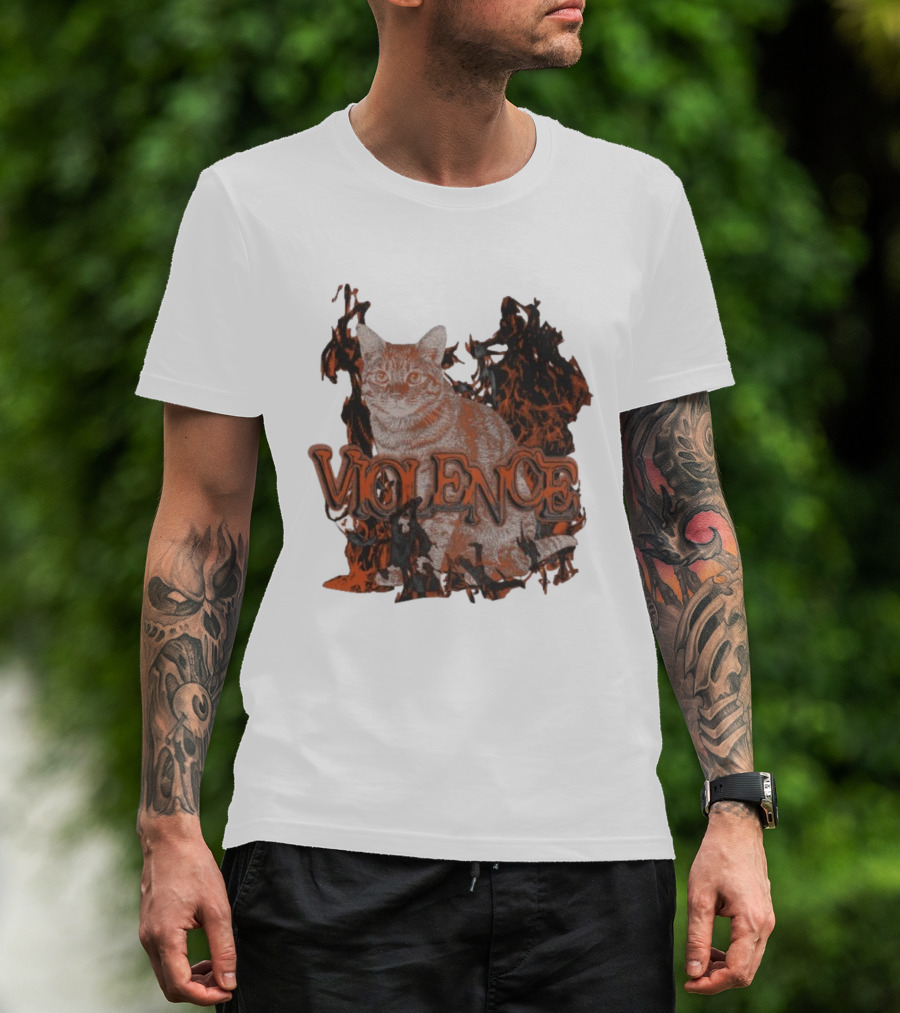 Violence Cat Flames Bold Typography Fiery Graphic T-Shirt