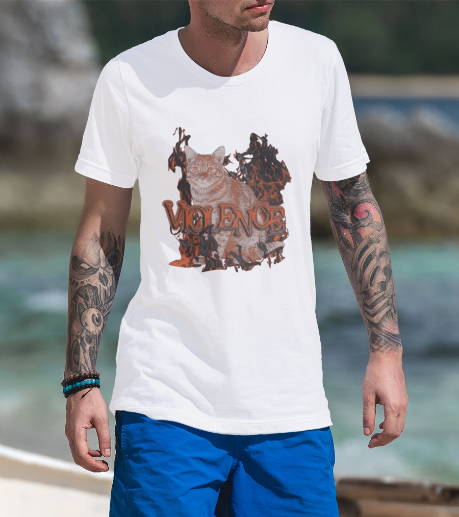 Violence Cat Flames Bold Typography Fiery Graphic T-Shirt