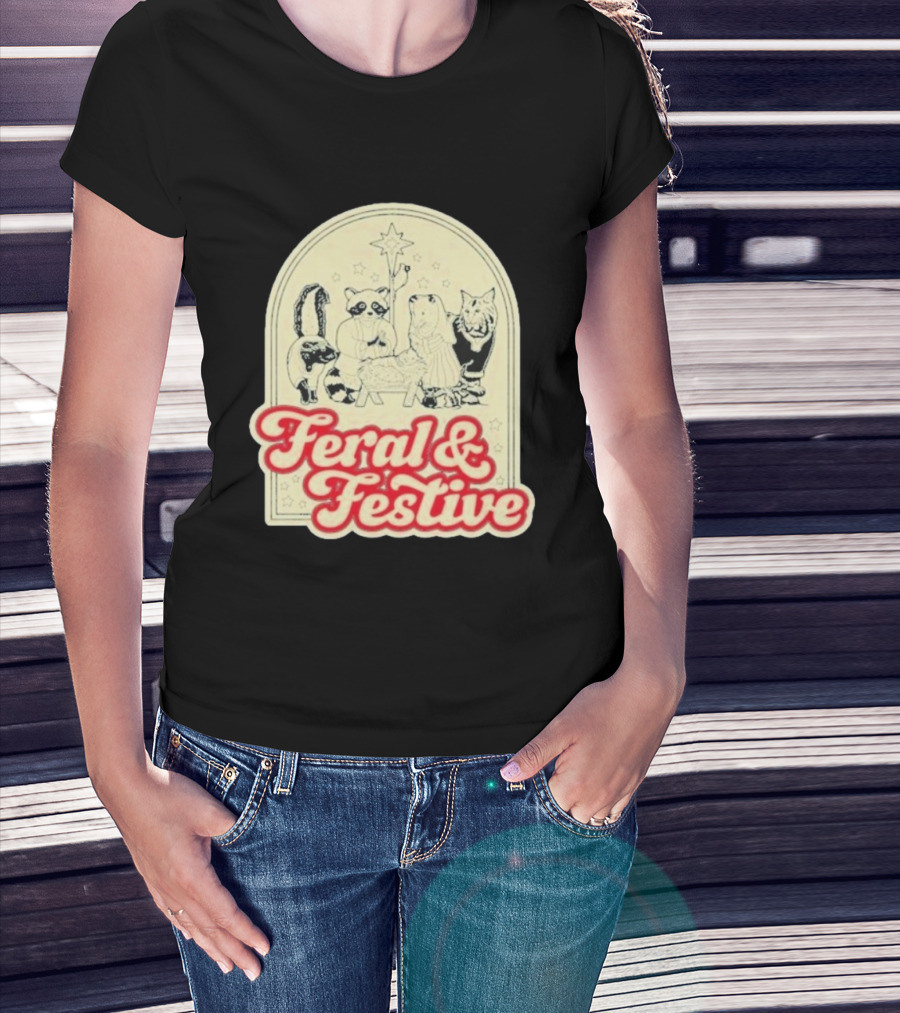 Feral And Festive Animal Nativity Scene Christmas Humor Raccoon Cat Skunk Ensemble T-Shirt