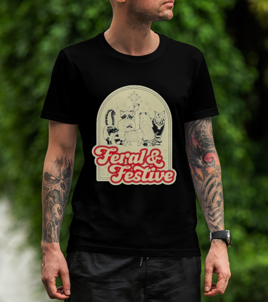 Feral And Festive Animal Nativity Scene Christmas Humor Raccoon Cat Skunk Ensemble T-Shirt