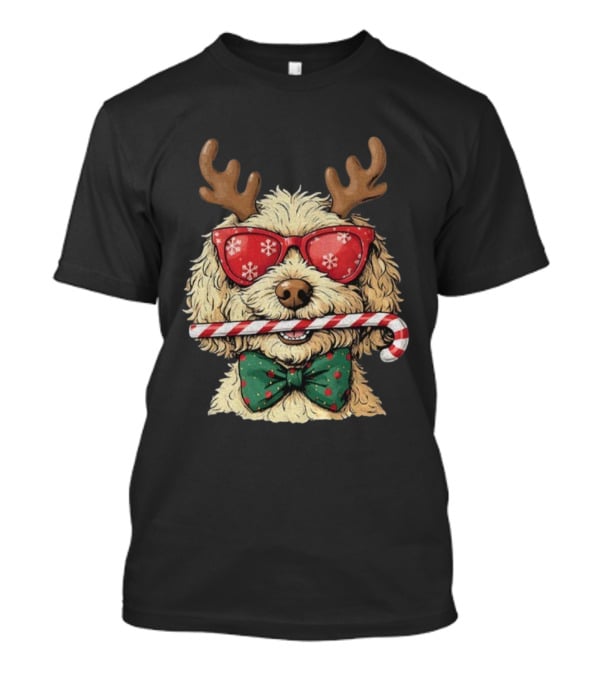 Goldendoodle Reindeer Antlers Candy Cane Snowflake Sunglasses Christmas Bow Tie T-Shirt