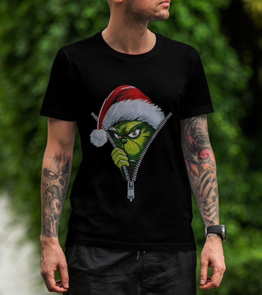 Grinch Santa Hat Christmas Zipper Peeker T-Shirt