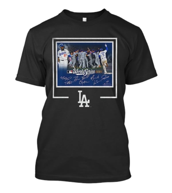 Los Angeles Dodgers 2025 World Series MLB Champions Autographed Photo Dodgers Team Celebration T-Shirt