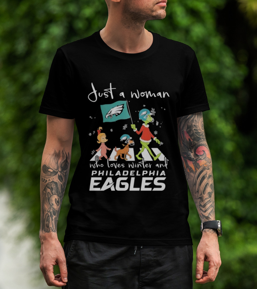 Just A Woman Who Loves Winter Philadelphia Eagles Grinch Cindy Lou Who Max Abbey Road Christmas T-Shirt