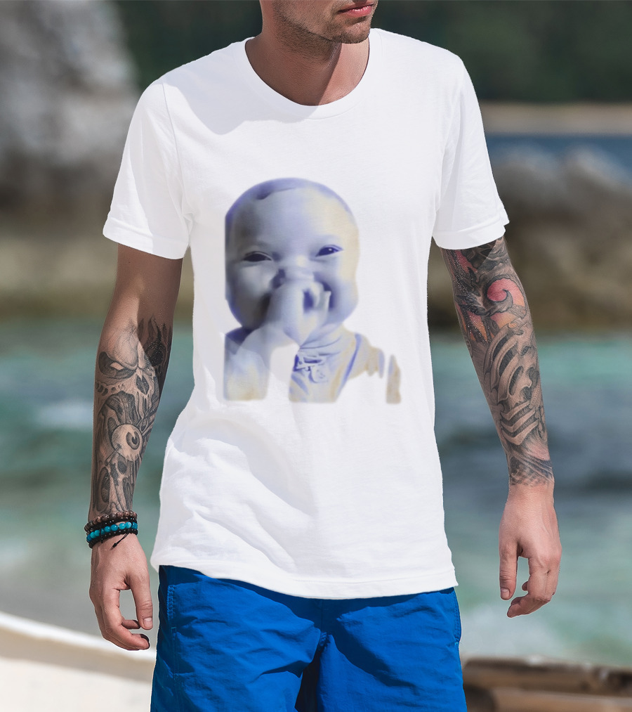 AI Baby Holding Laugh Meme Blue Tones T-Shirt