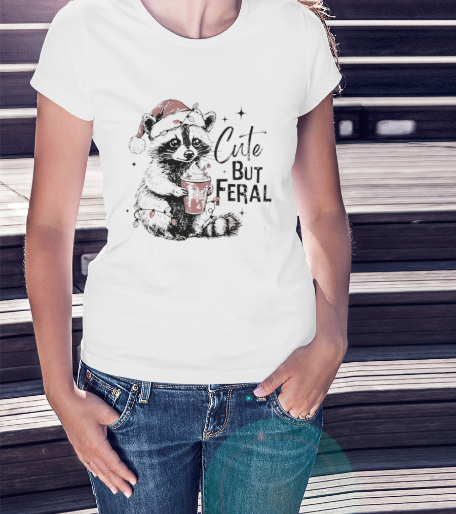 Cute But Feral Christmas Raccoon Santa Hat Lights Hot Cocoa T-Shirt