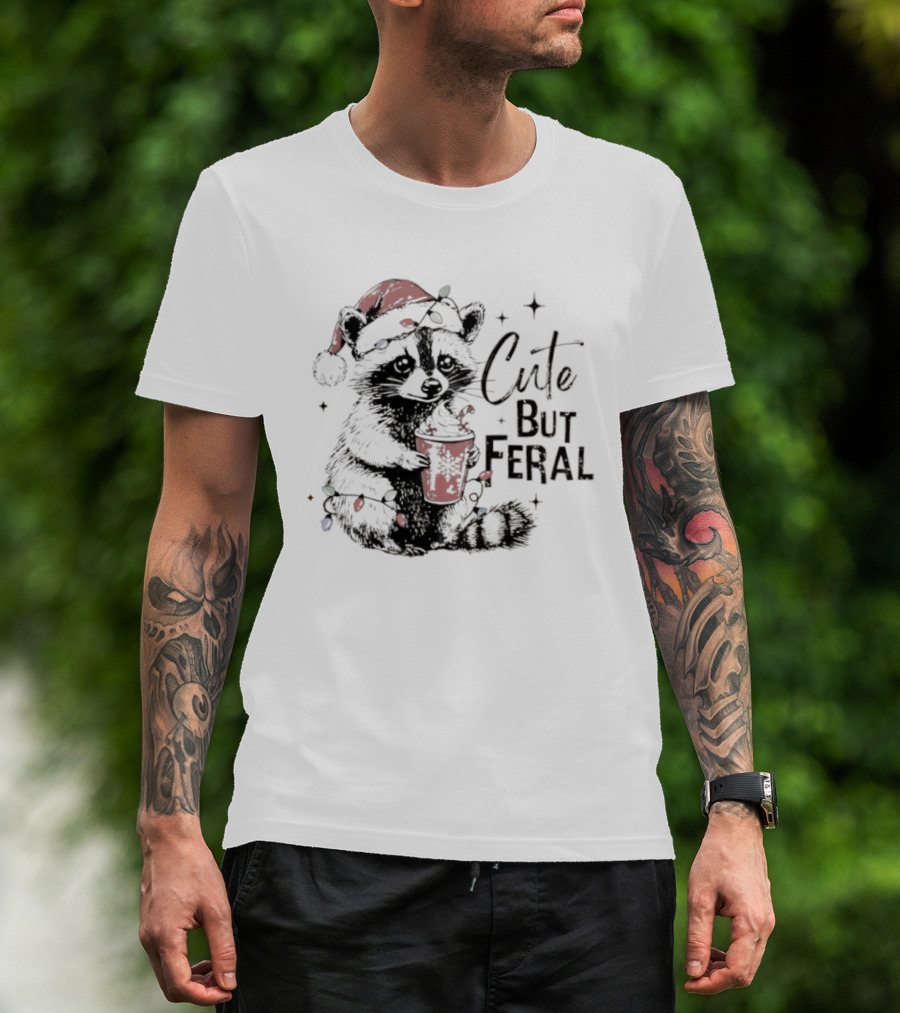 Cute But Feral Christmas Raccoon Santa Hat Lights Hot Cocoa T-Shirt