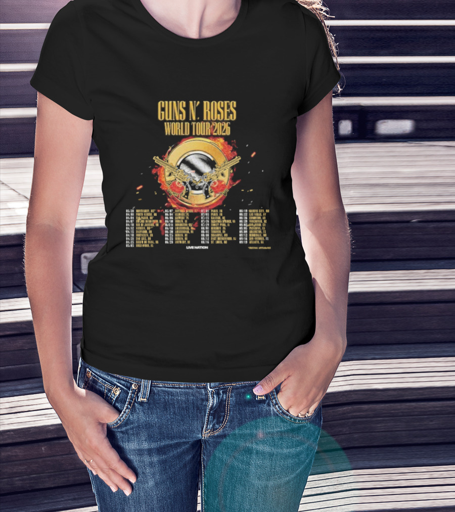 Guns N Roses World Tour 2026 Dates Skull And Pistols Flame Logo T-Shirt