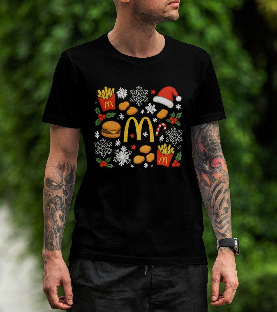 McDonald’s French Fries Chicken Nuggets Burgers Christmas Santa Hat Snowflakes Candy Cane T-Shirt