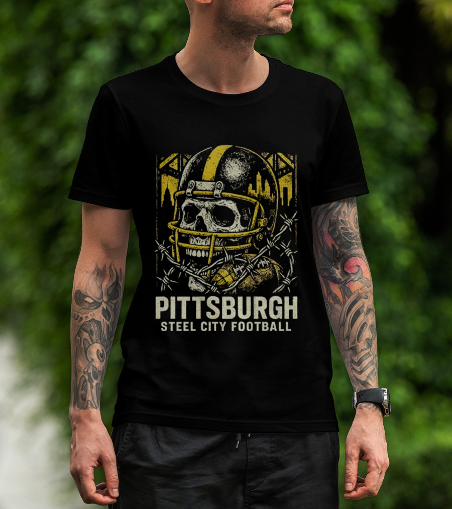 Pittsburgh Steel City Football Skull Helmet Barbed Wire Bridge Skyline T-Shirt