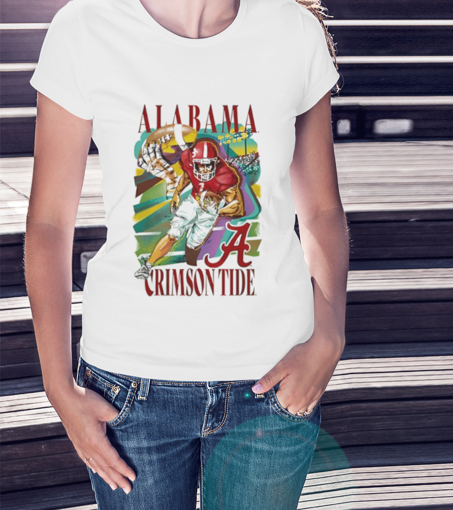 Alabama Crimson Tide Football Player Action Art With Iconic Script A T-Shirt