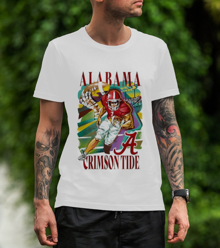 Alabama Crimson Tide Football Player Action Art With Iconic Script A T-Shirt