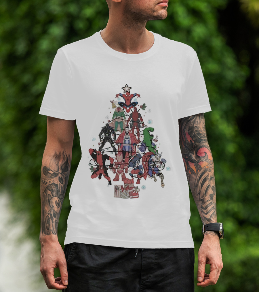 Marvel Superheroes Christmas Tree With Iconic Characters And Festive Star Topper T-Shirt