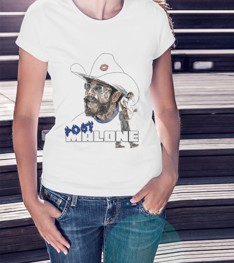 Post Malone Cowboy Hat Blue Flame Portrait T-Shirt