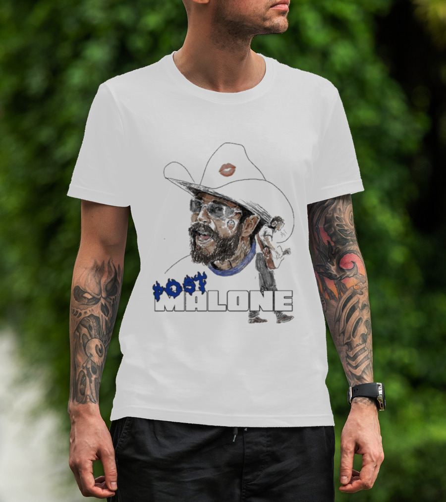 Post Malone Cowboy Hat Blue Flame Portrait T-Shirt