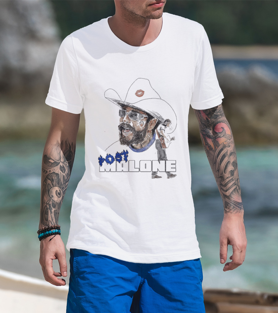 Post Malone Cowboy Hat Blue Flame Portrait T-Shirt
