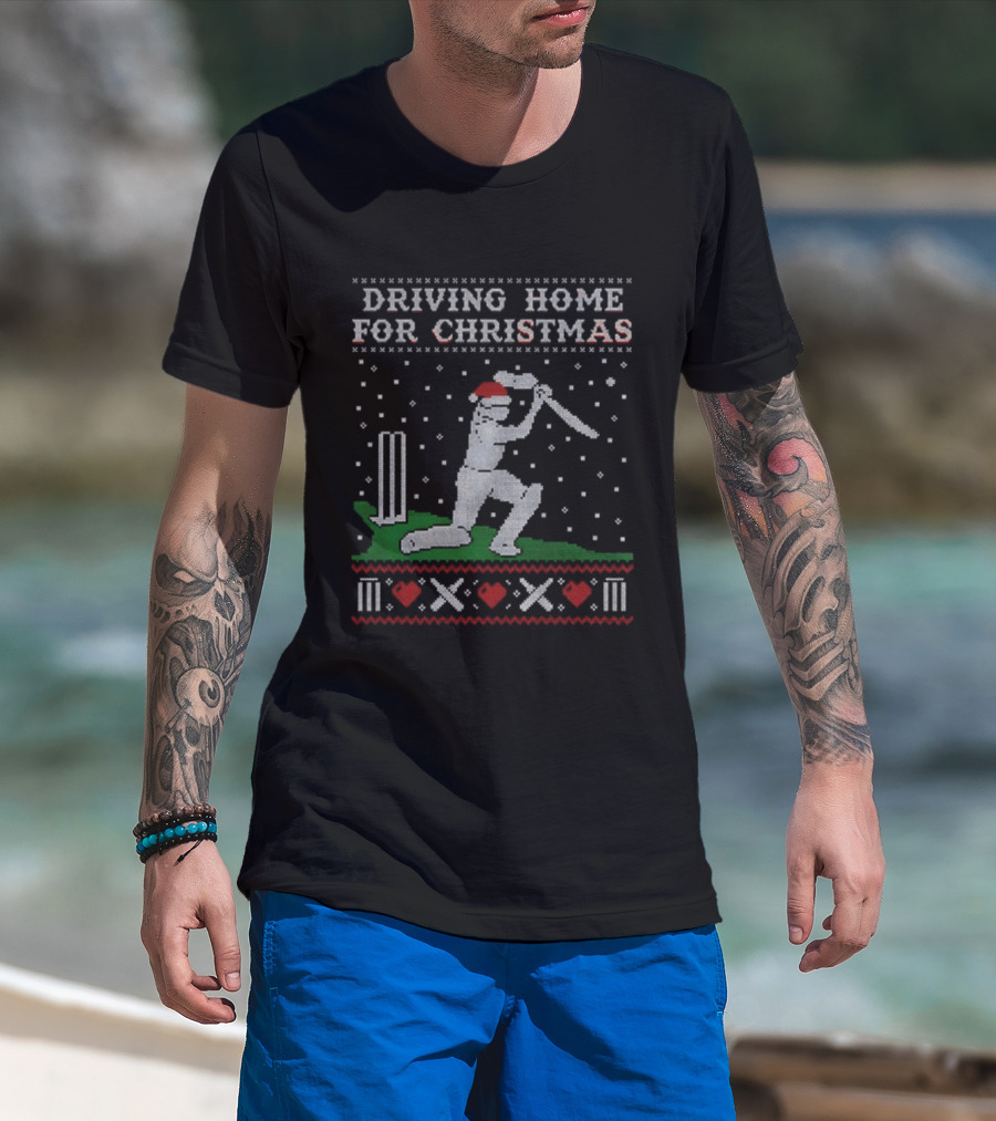 Driving Home For Christmas Cricket Player Santa Hat Snowflakes T-Shirt