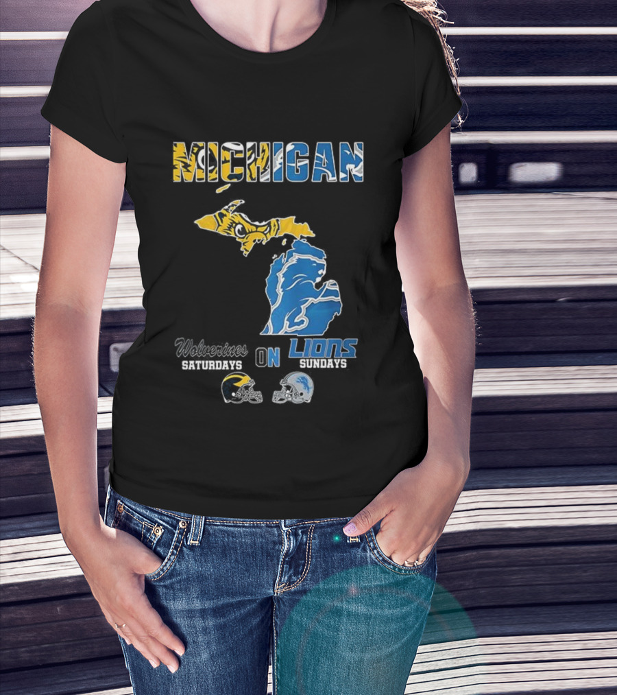Michigan Wolverines Saturdays Detroit Lions Sundays Map T-Shirt