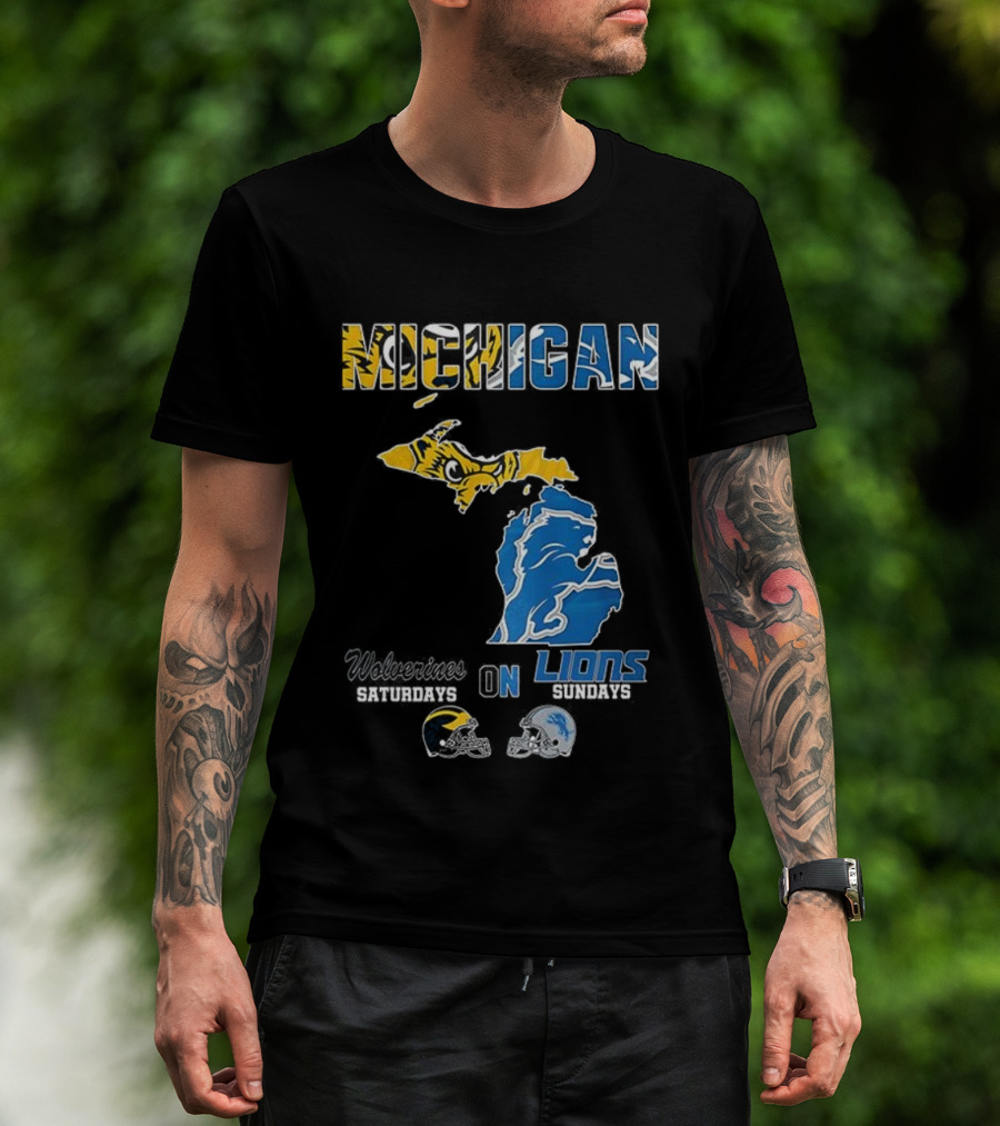 Michigan Wolverines Saturdays Detroit Lions Sundays Map T-Shirt