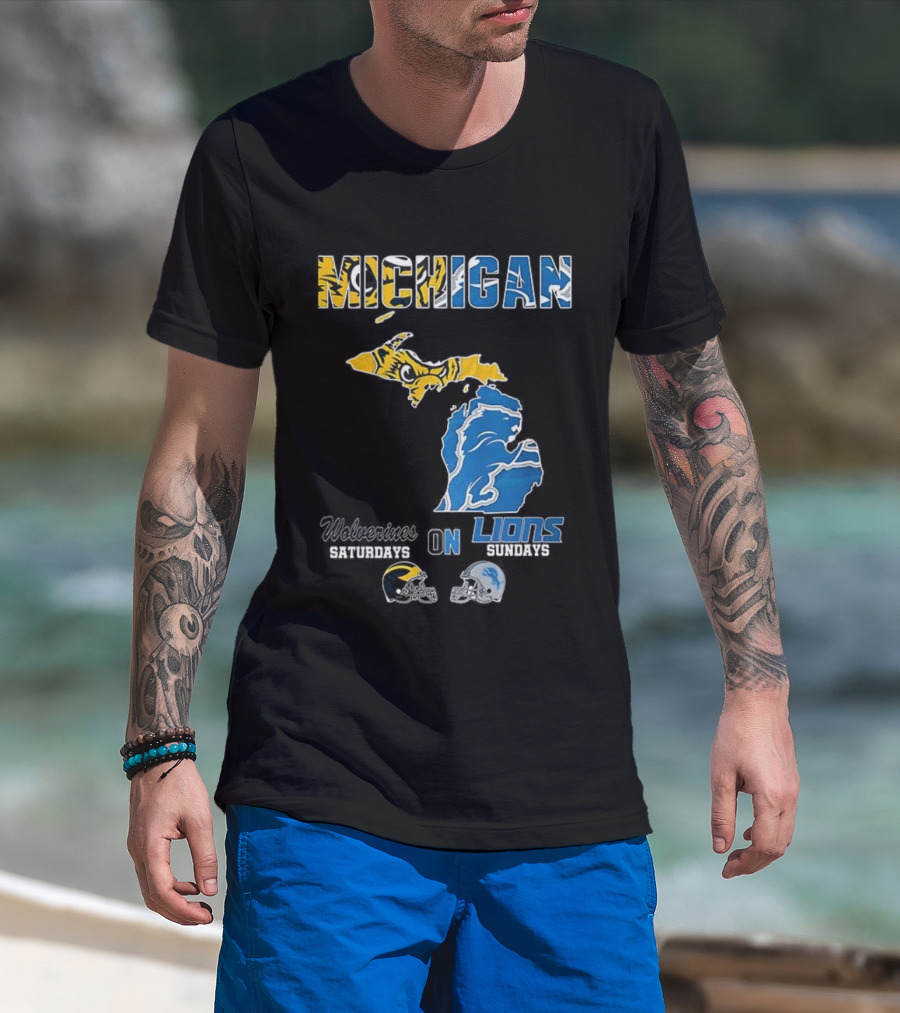 Michigan Wolverines Saturdays Detroit Lions Sundays Map T-Shirt