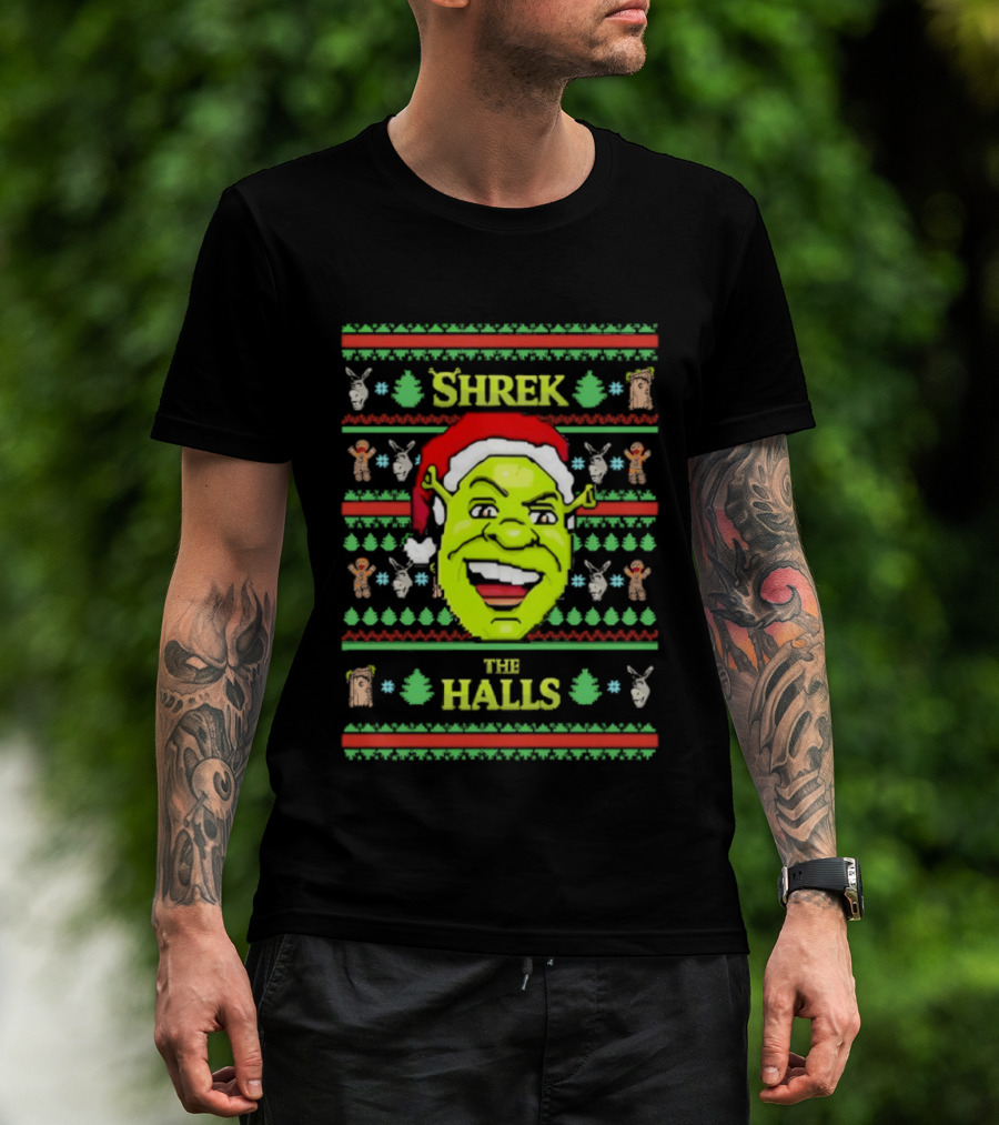 Shrek The Halls Christmas Ugly Sweater Design With Donkey And Santa Hat T-Shirt