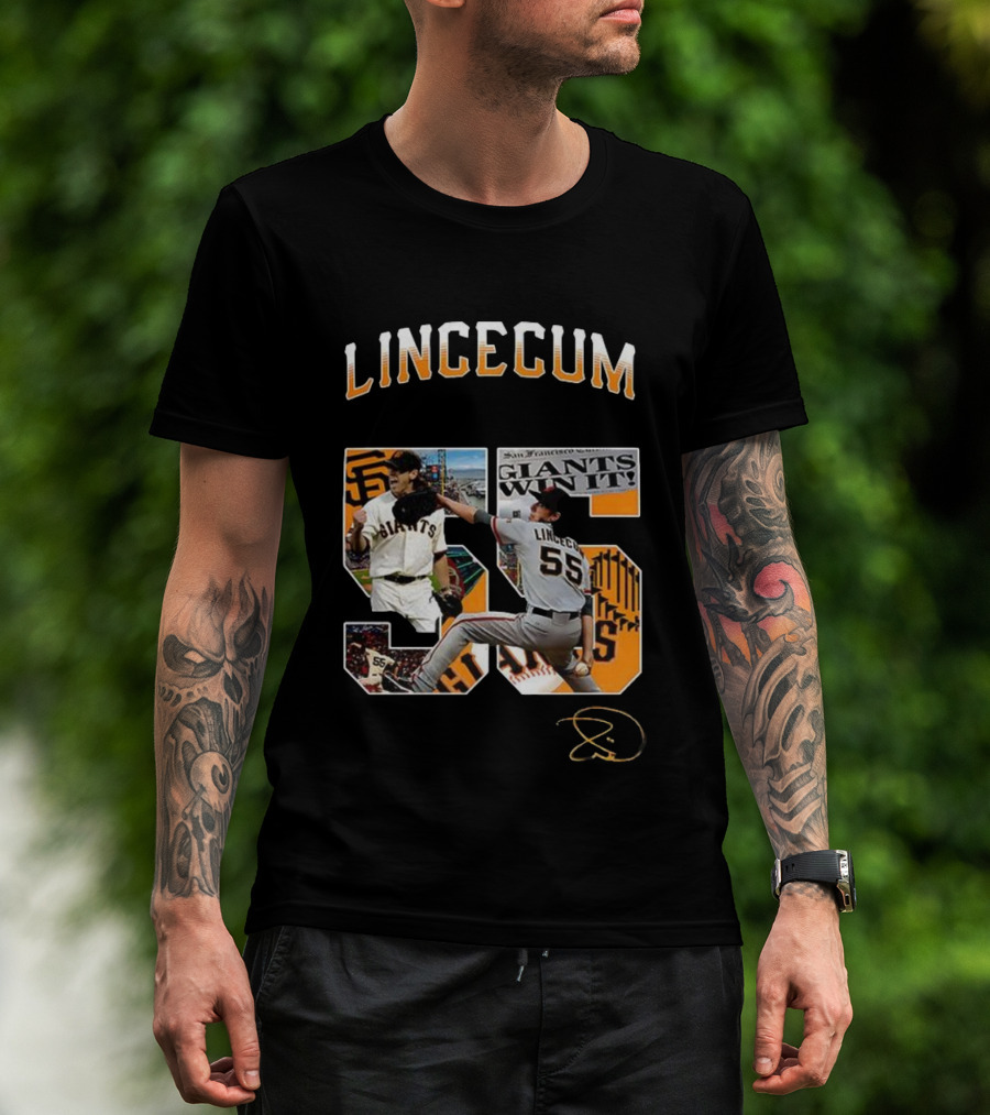 Lincecum Giants Number 55 Giants Win Orange Black Signature T-Shirt