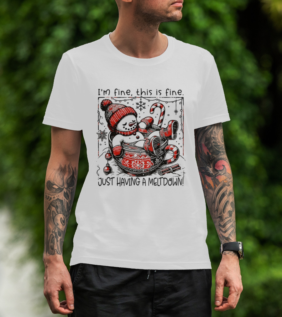Snowman Santa Hat I'm Fine This Is Fine Just Having A Meltdown Merry Christmas T-Shirt